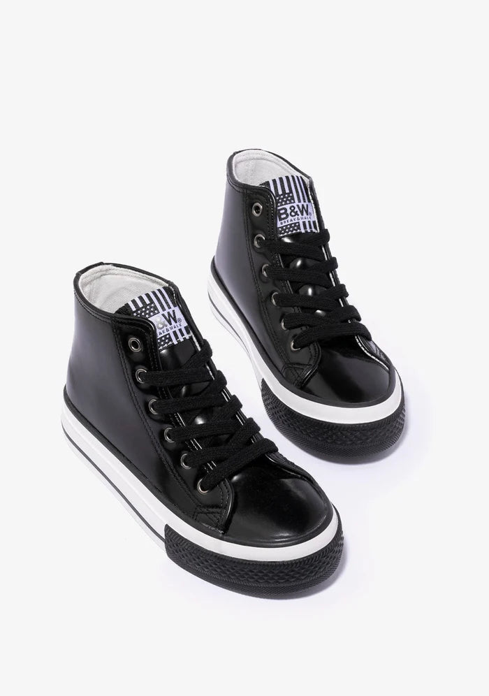 B&W Black Platent Platform Hi-Top Sneakers