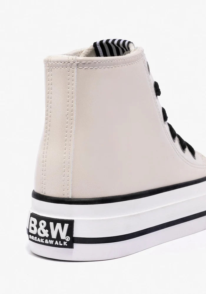 B&W Off White Patent Platform Hi-Top Sneakers