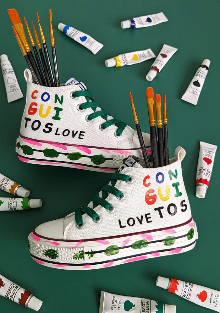 White Canvas Painting Hi-Top Sneakers